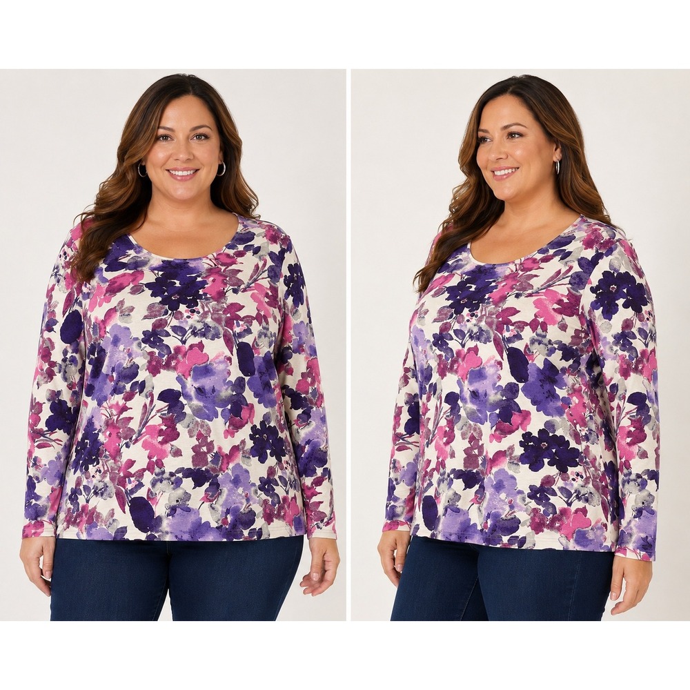 Karen Scott Woman Purple Pink Floral Long Sleeve Scoop Neck Top 2X